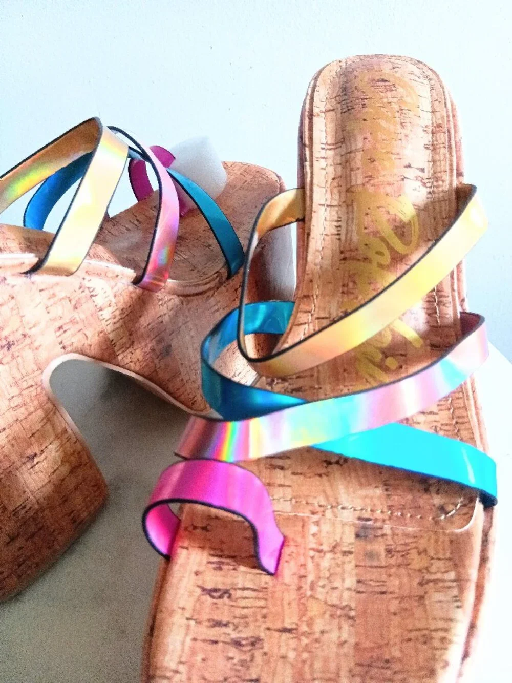 Cape Robbin Elci Metallic Rainbow Strappy Cork Platform Mule Heels